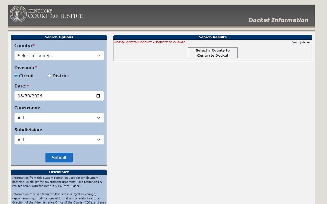 Wolfe County court dockets Kentucky docket search form