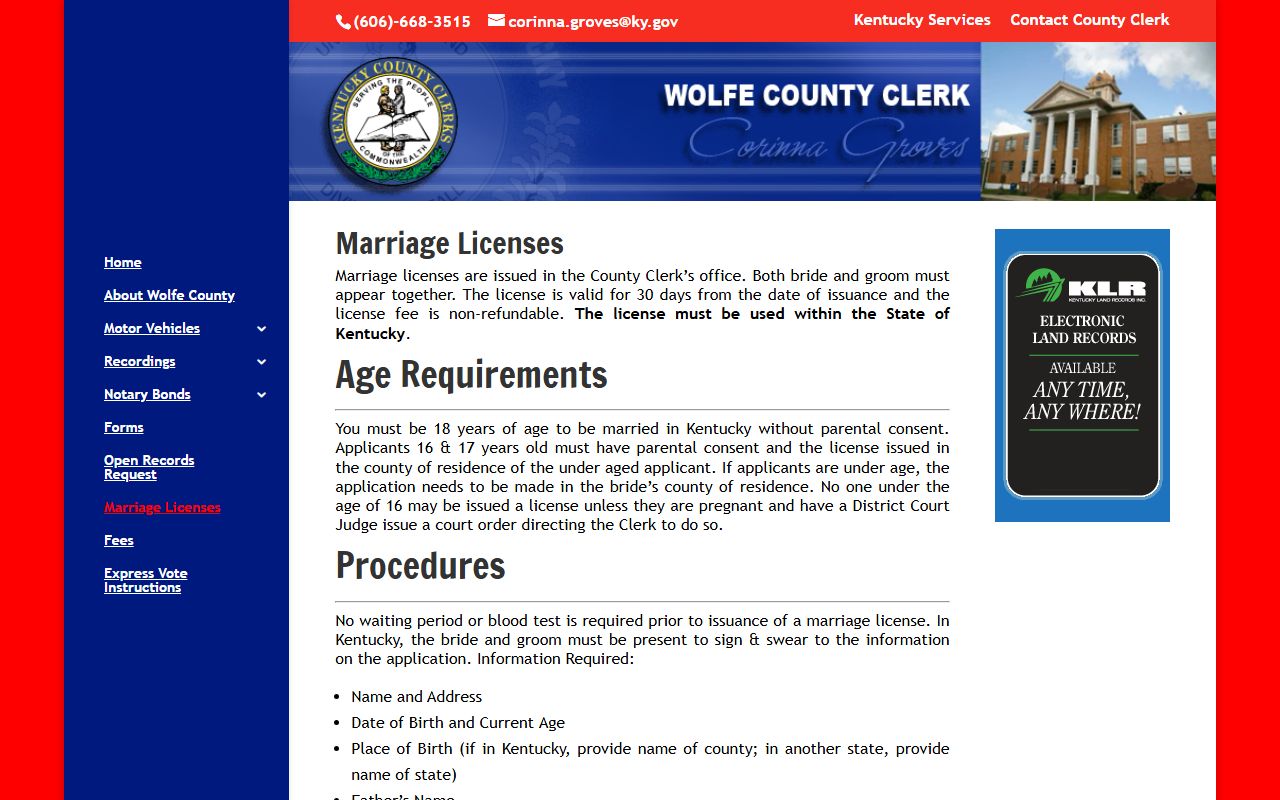 Wolfe County marriage records and marriage license page